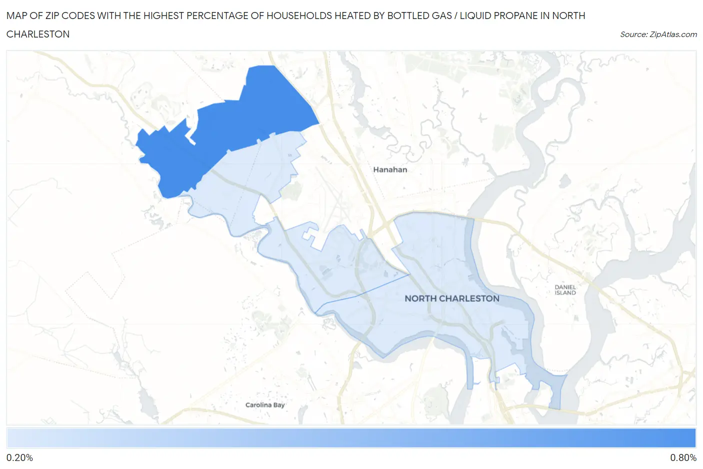 Zip Codes with the Highest Percentage of Households Heated by Bottled Gas / Liquid Propane in North Charleston Map