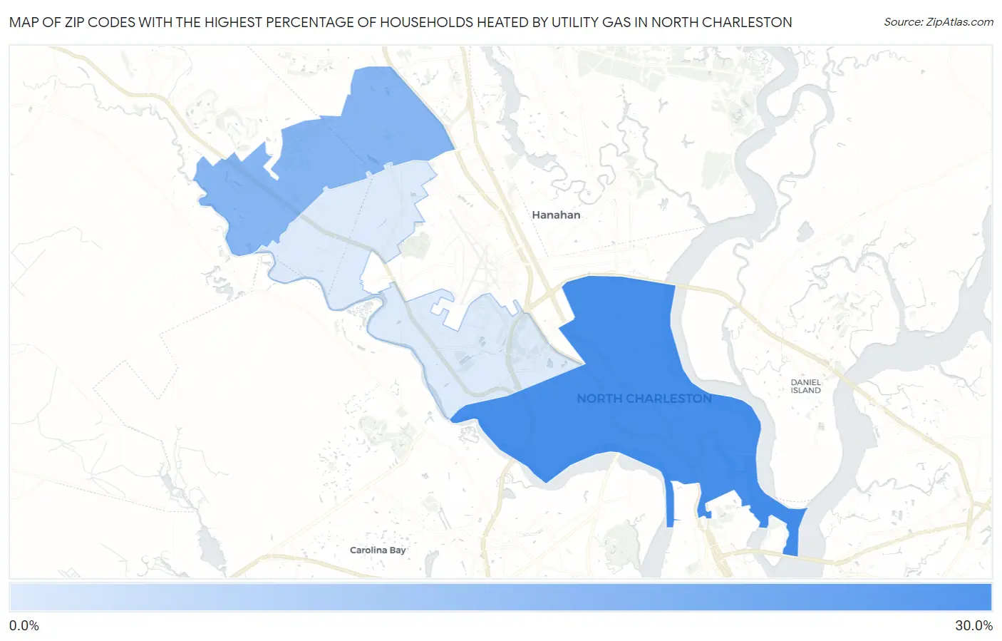 Zip Codes with the Highest Percentage of Households Heated by Utility Gas in North Charleston Map