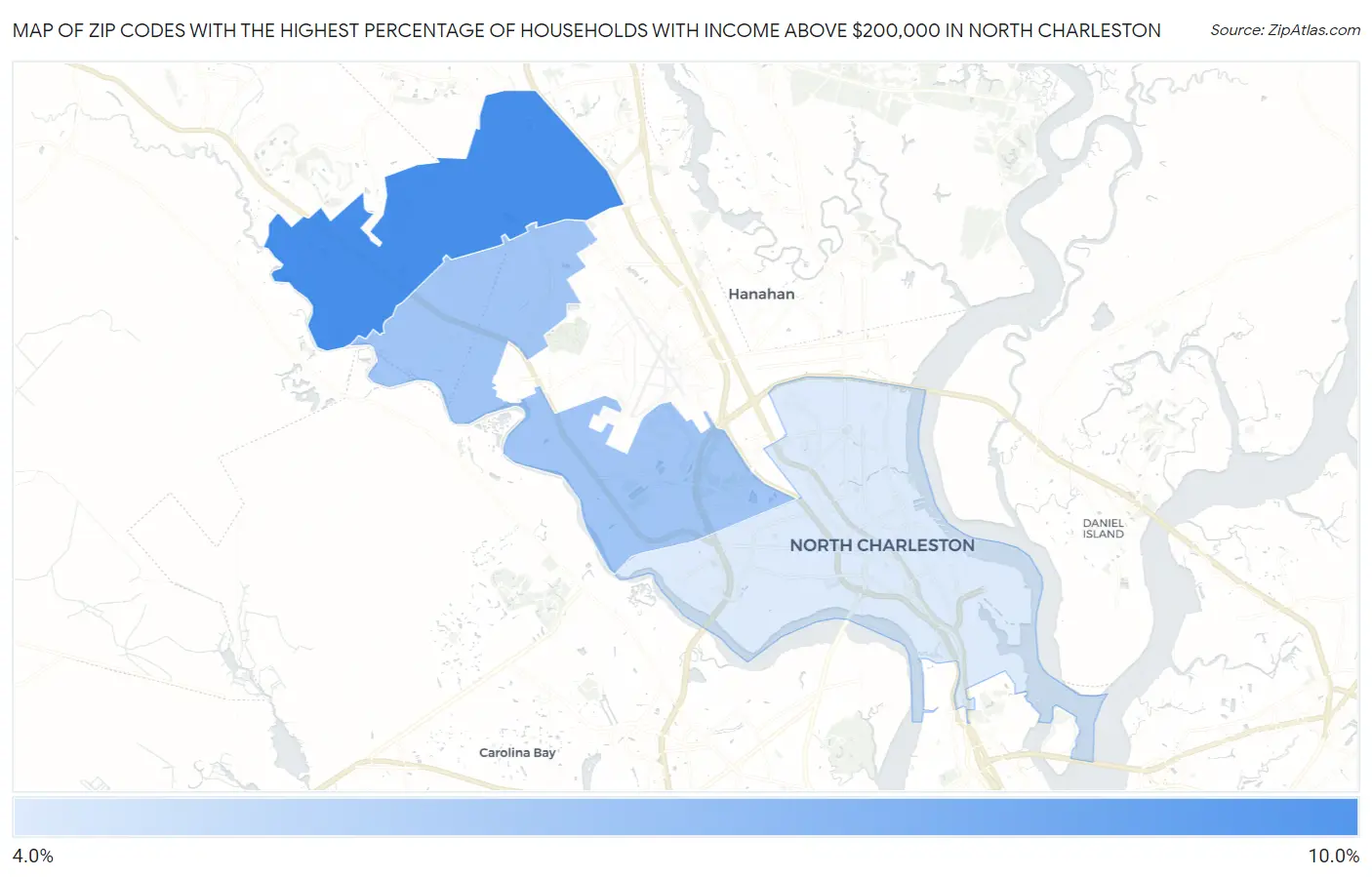 Zip Codes with the Highest Percentage of Households with Income Above $200,000 in North Charleston Map