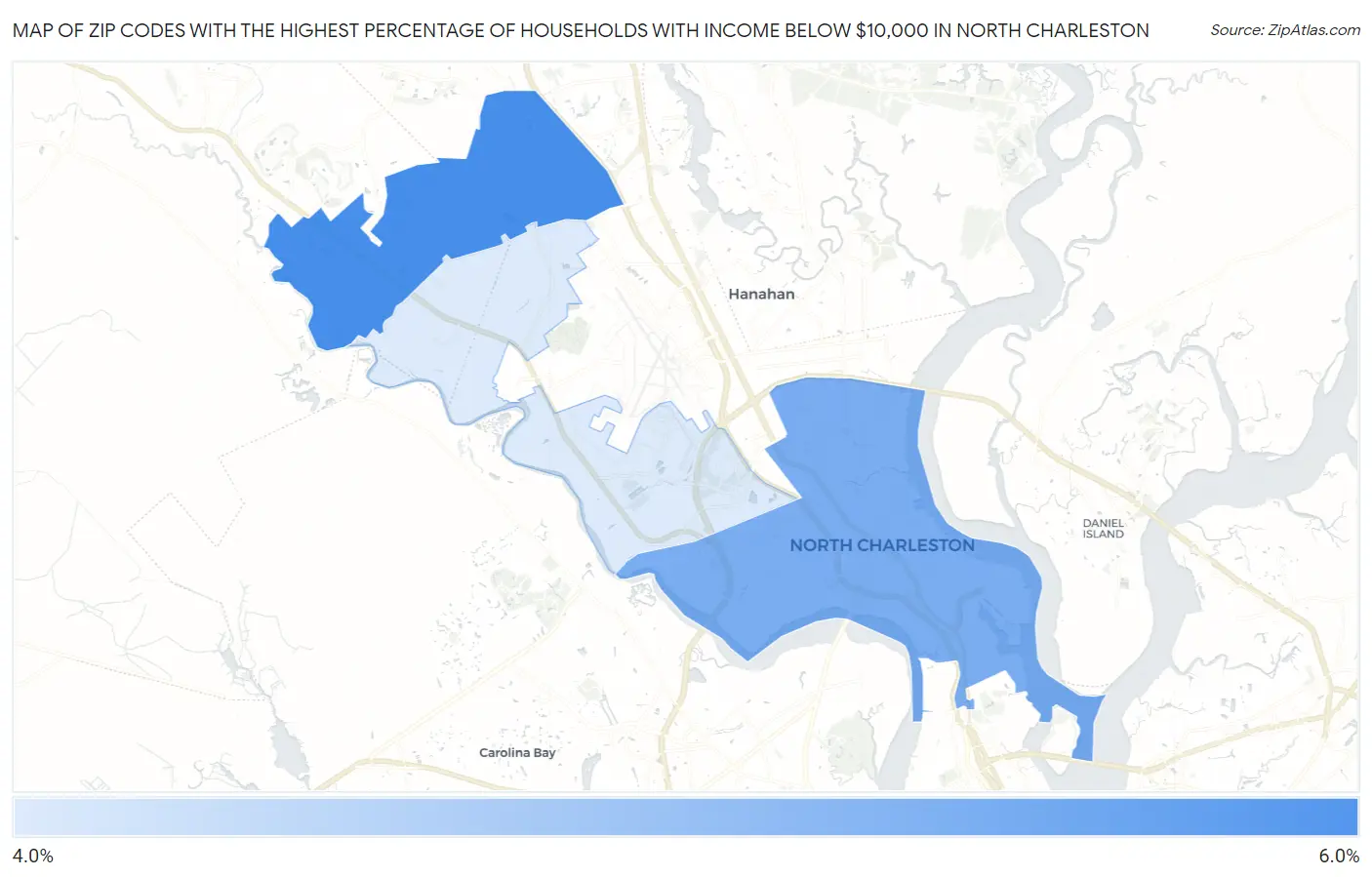 Zip Codes with the Highest Percentage of Households with Income Below $10,000 in North Charleston Map