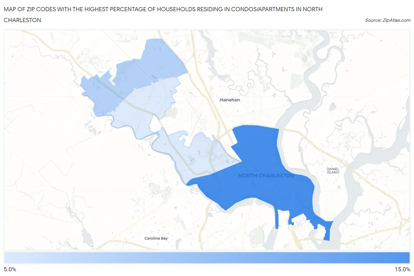 Zip Codes with the Highest Percentage of Households Residing in Condos/Apartments in North Charleston Map