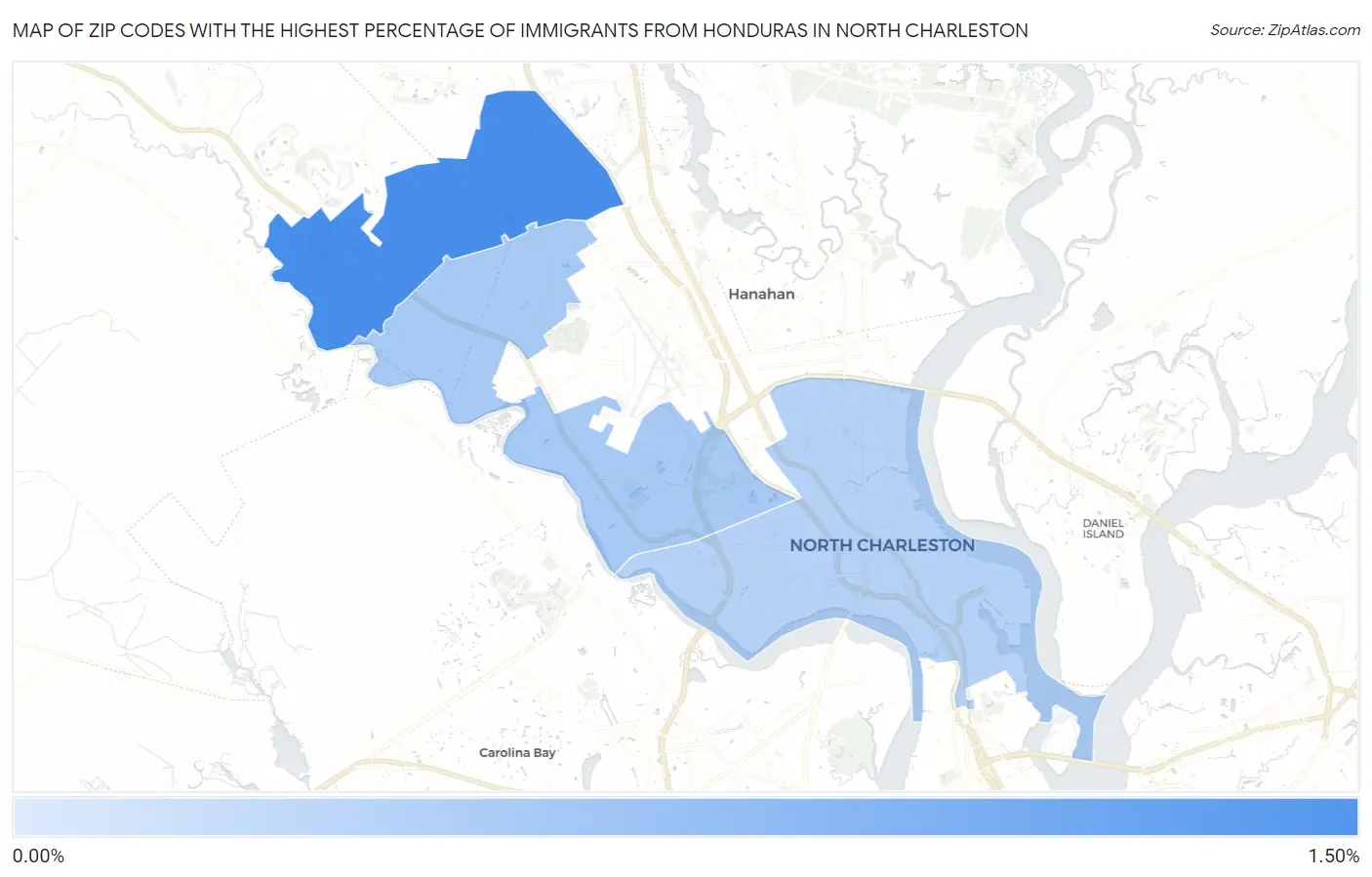Zip Codes with the Highest Percentage of Immigrants from Honduras in North Charleston Map