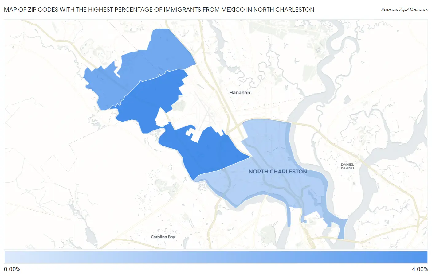 Zip Codes with the Highest Percentage of Immigrants from Mexico in North Charleston Map