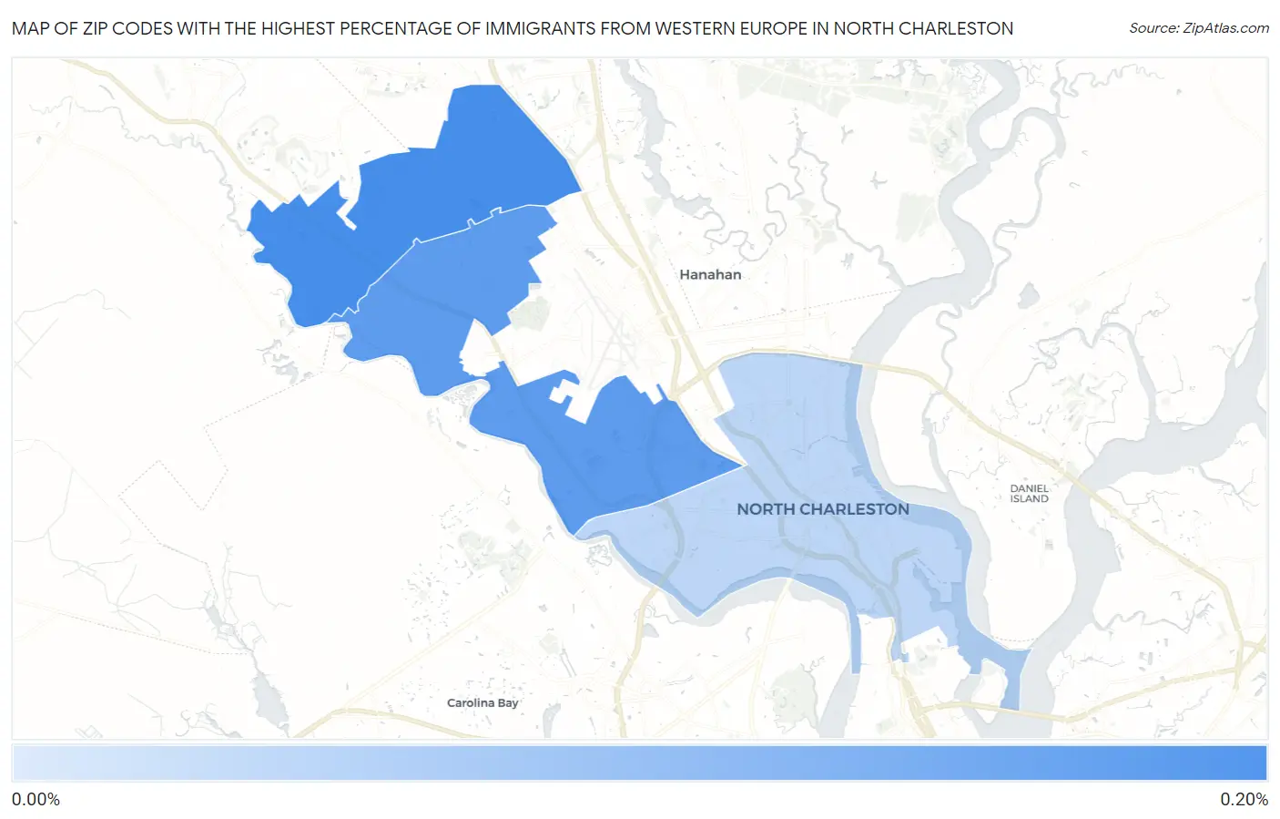 Zip Codes with the Highest Percentage of Immigrants from Western Europe in North Charleston Map