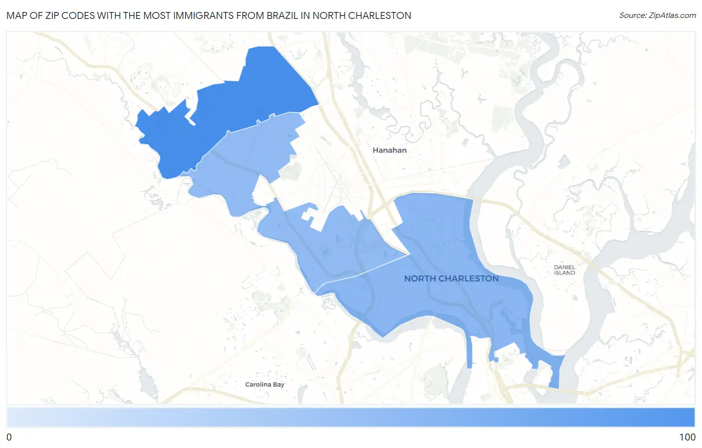 Zip Codes with the Most Immigrants from Brazil in North Charleston Map