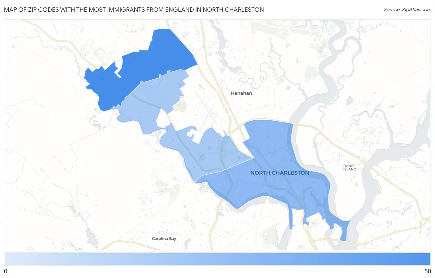 Zip Codes with the Most Immigrants from England in North Charleston Map