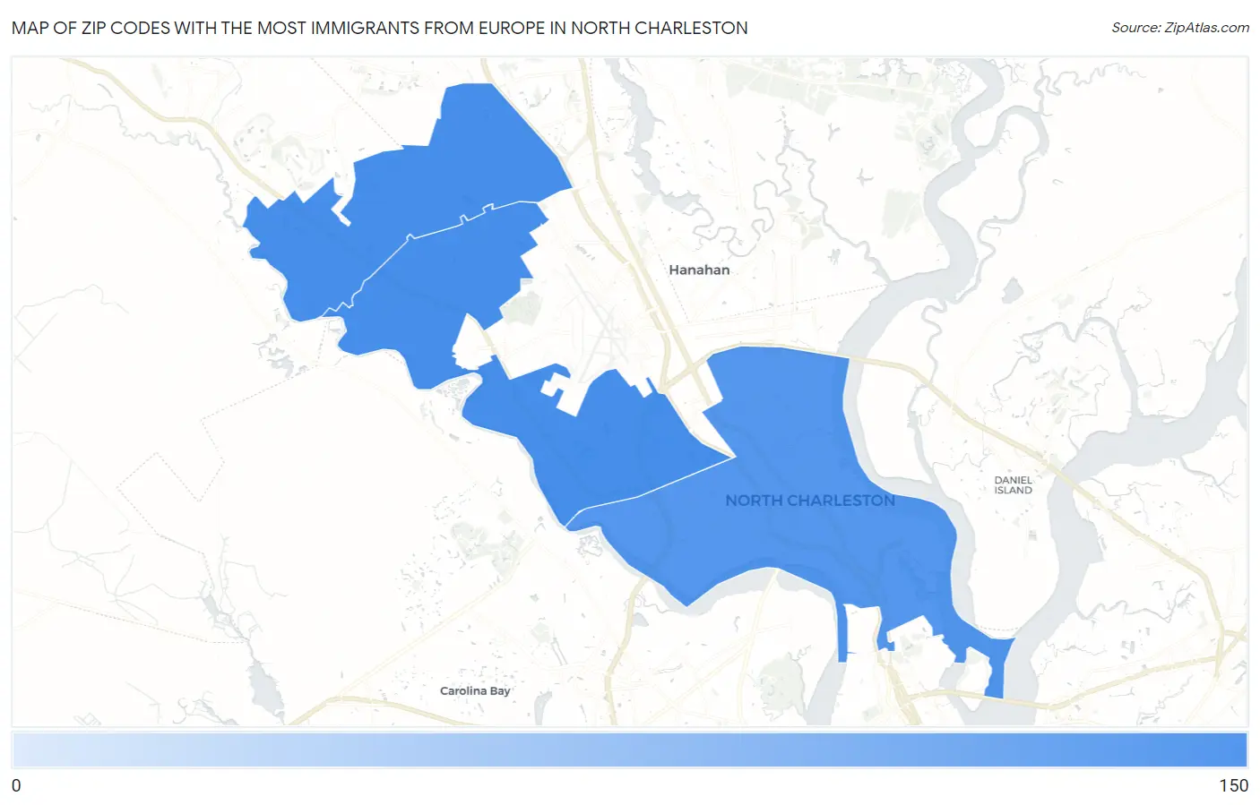 Zip Codes with the Most Immigrants from Europe in North Charleston Map