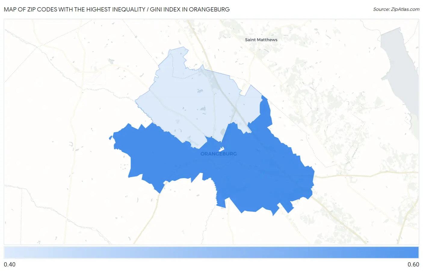 Zip Codes with the Highest Inequality / Gini Index in Orangeburg Map