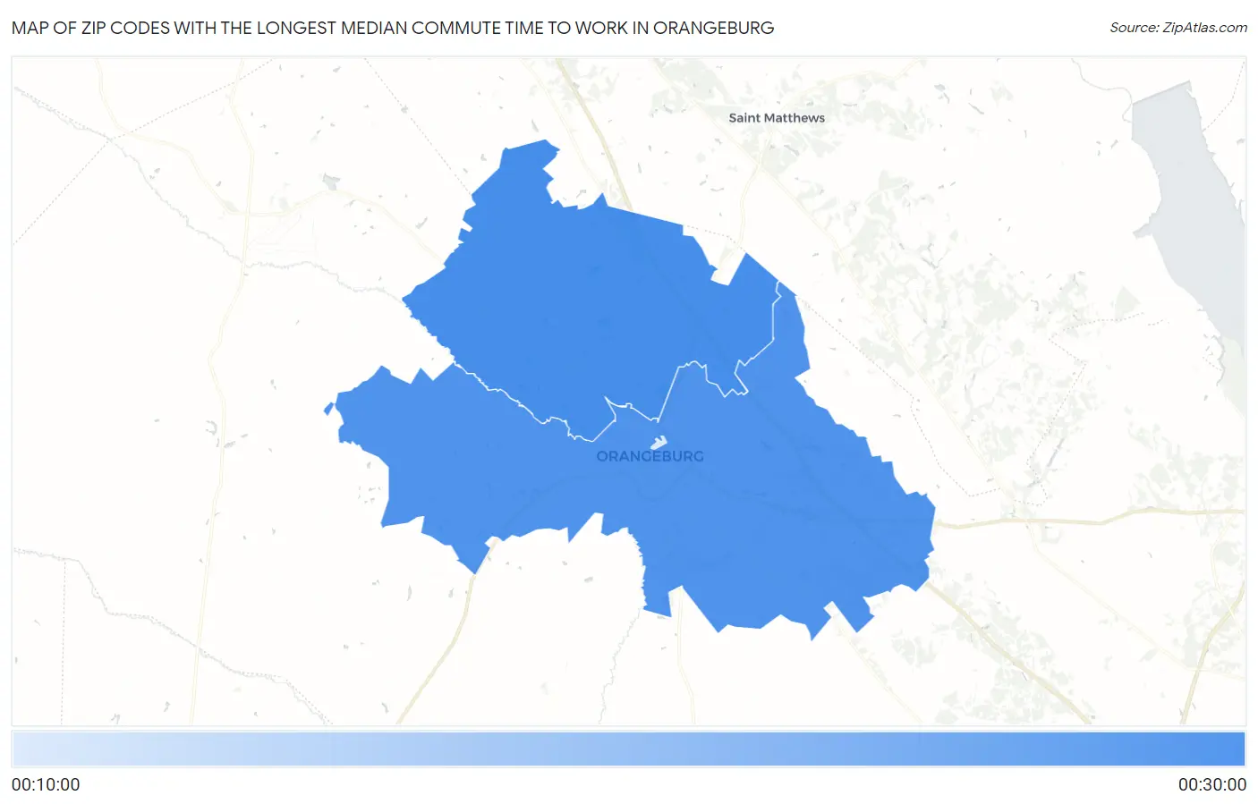 Zip Codes with the Longest Median Commute Time to Work in Orangeburg Map