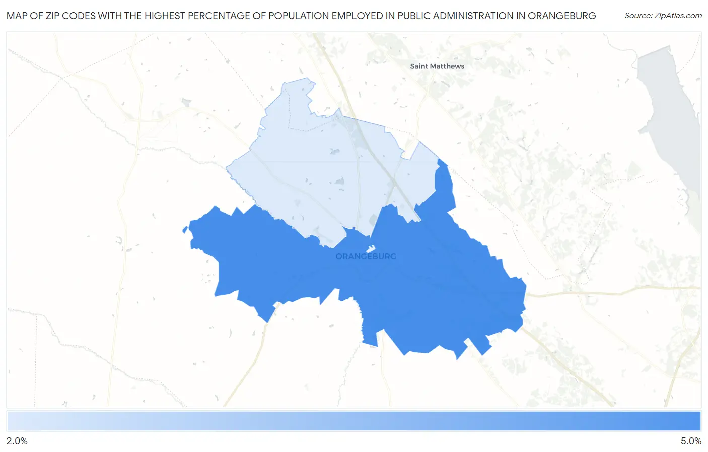 Zip Codes with the Highest Percentage of Population Employed in Public Administration in Orangeburg Map