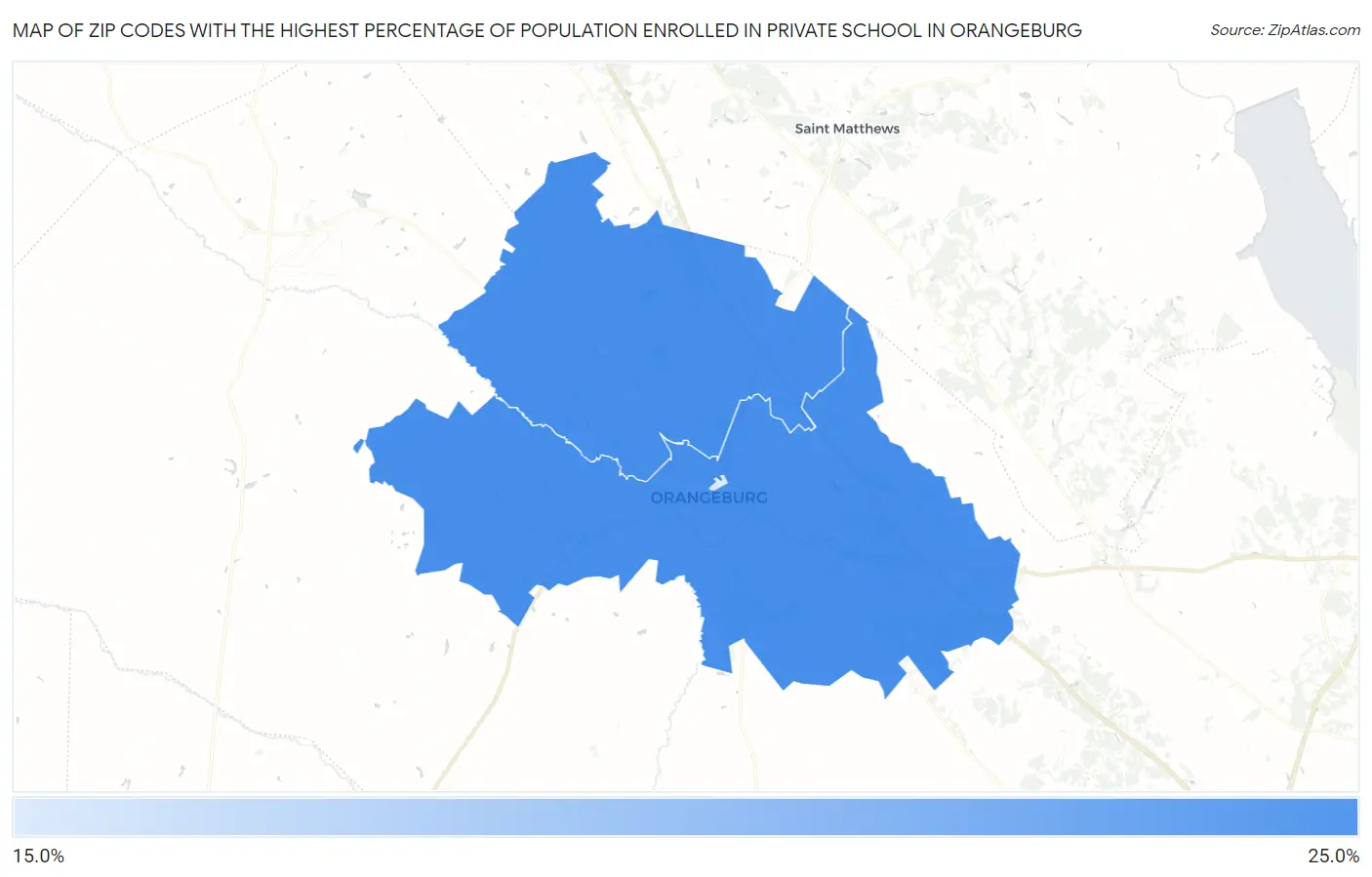 Zip Codes with the Highest Percentage of Population Enrolled in Private School in Orangeburg Map