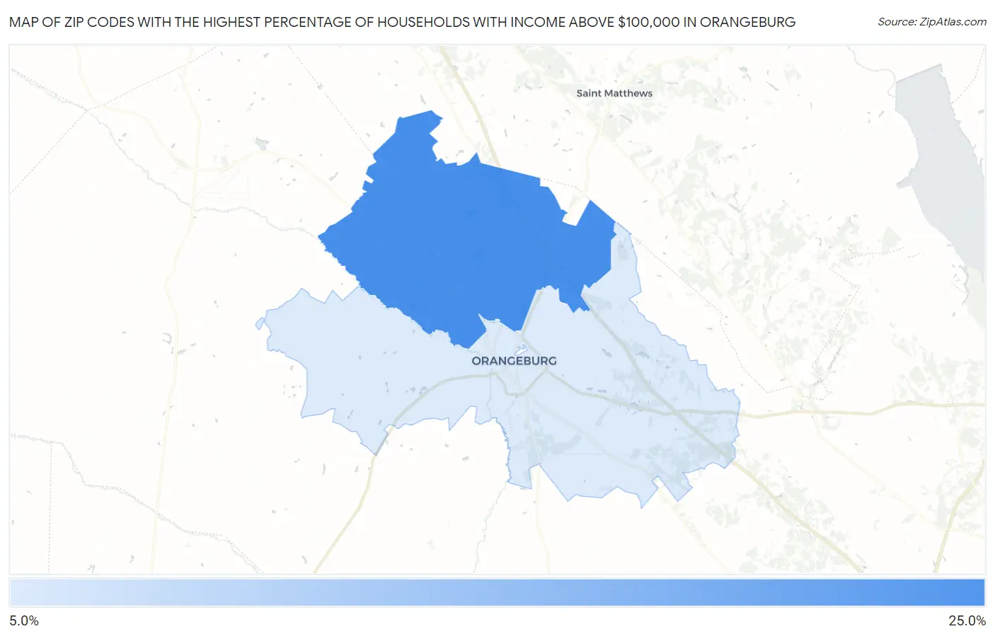 Zip Codes with the Highest Percentage of Households with Income Above $100,000 in Orangeburg Map