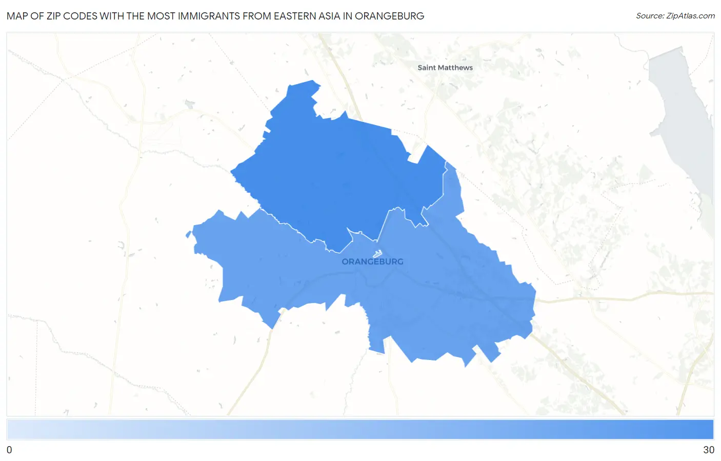 Zip Codes with the Most Immigrants from Eastern Asia in Orangeburg Map