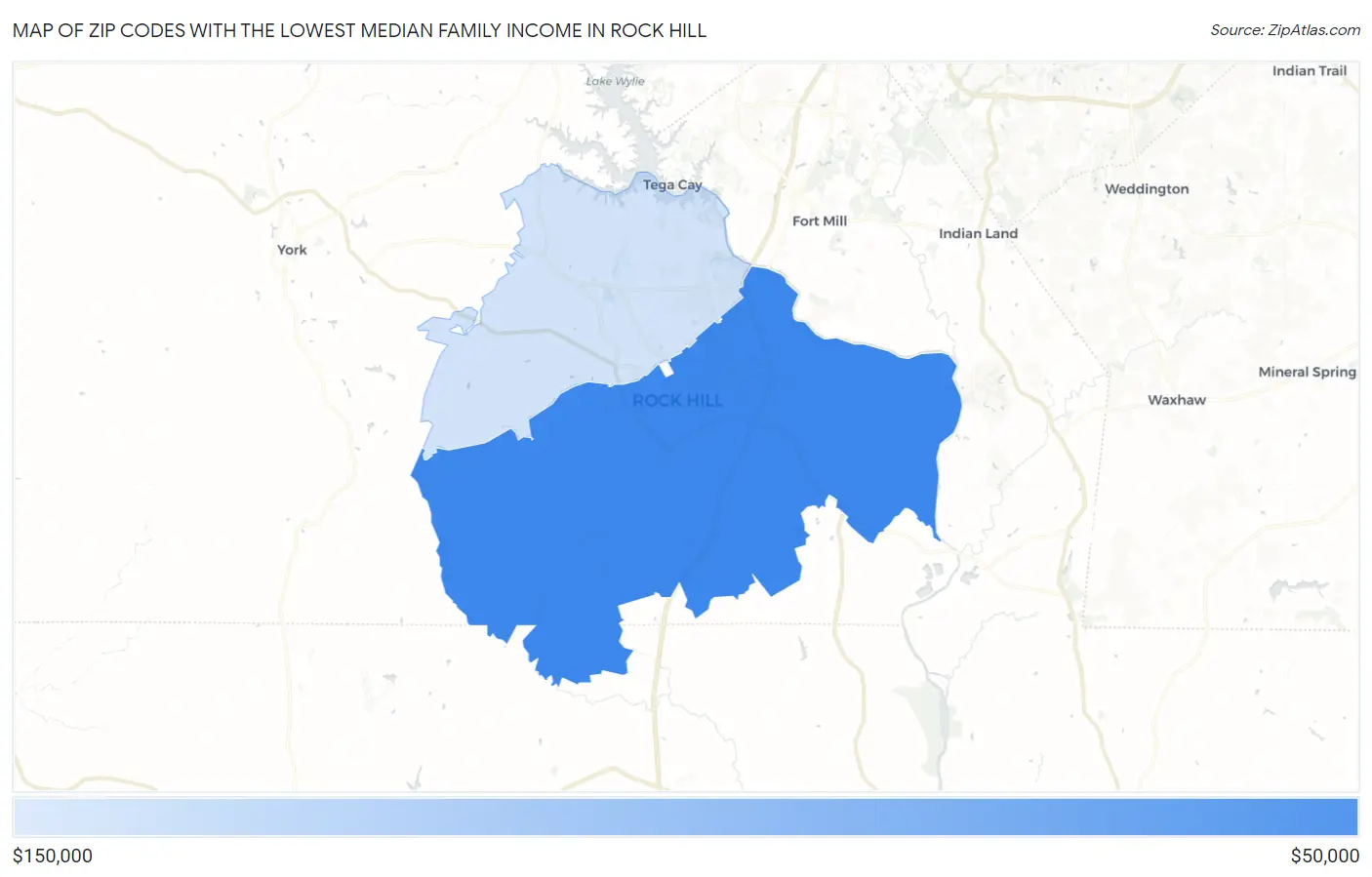 Zip Codes with the Lowest Median Family Income in Rock Hill Map
