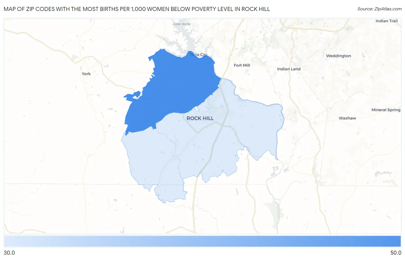 Zip Codes with the Most Births per 1,000 Women Below Poverty Level in Rock Hill Map