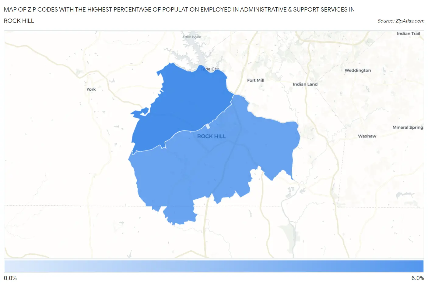Zip Codes with the Highest Percentage of Population Employed in Administrative & Support Services in Rock Hill Map