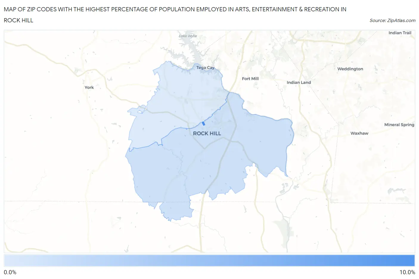Zip Codes with the Highest Percentage of Population Employed in Arts, Entertainment & Recreation in Rock Hill Map