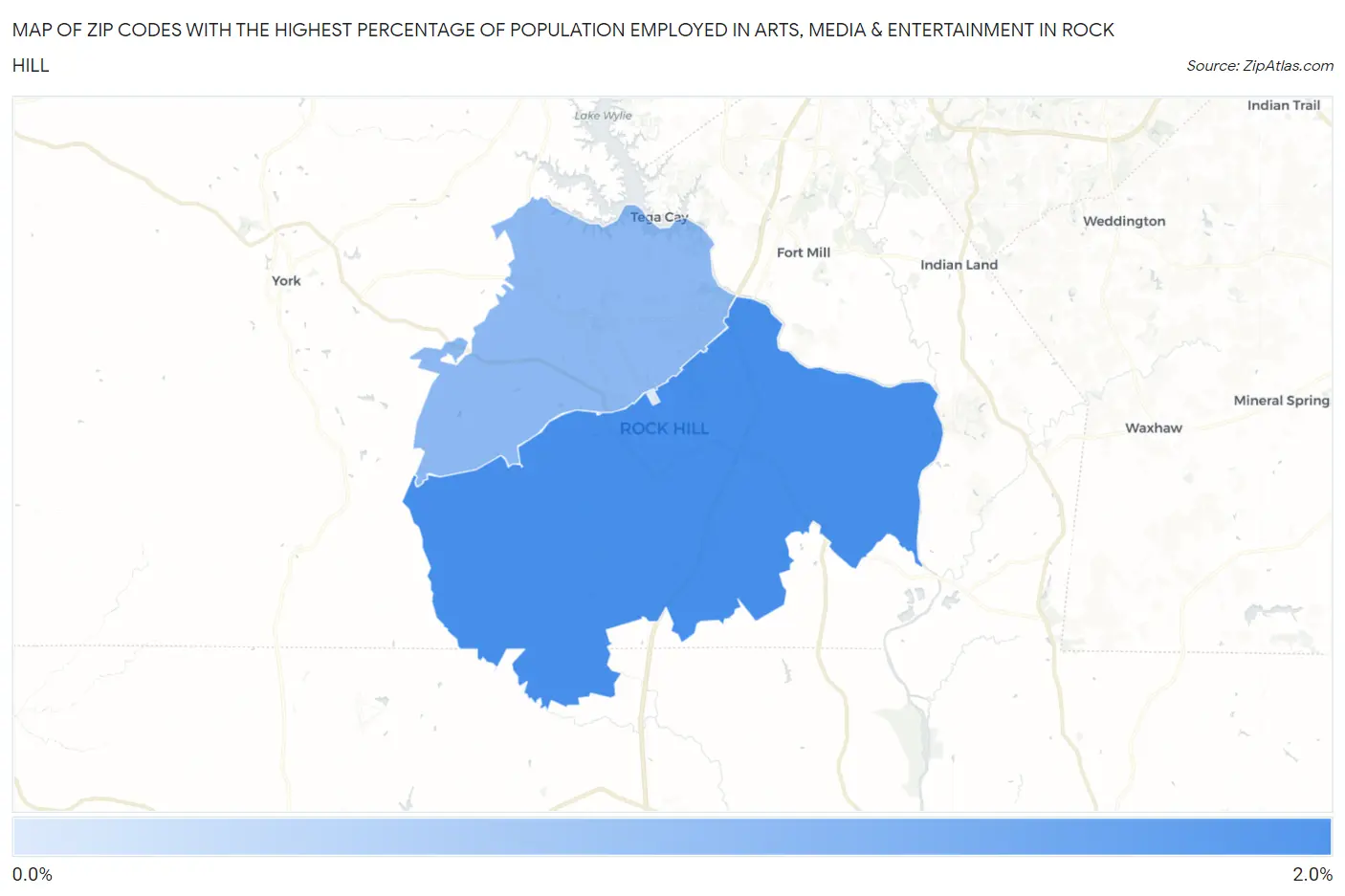 Zip Codes with the Highest Percentage of Population Employed in Arts, Media & Entertainment in Rock Hill Map