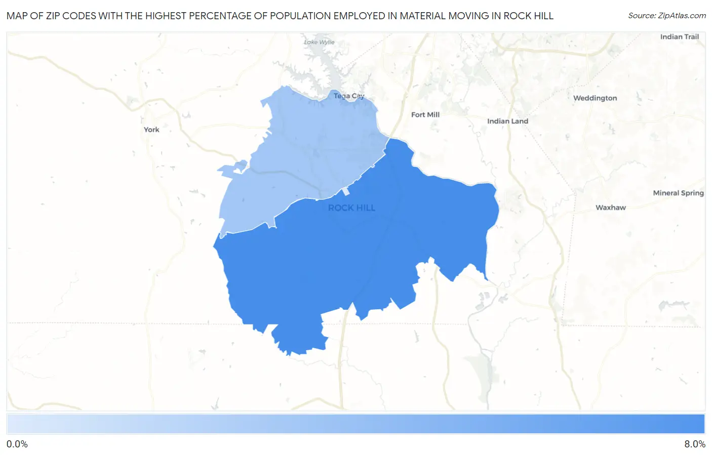 Zip Codes with the Highest Percentage of Population Employed in Material Moving in Rock Hill Map