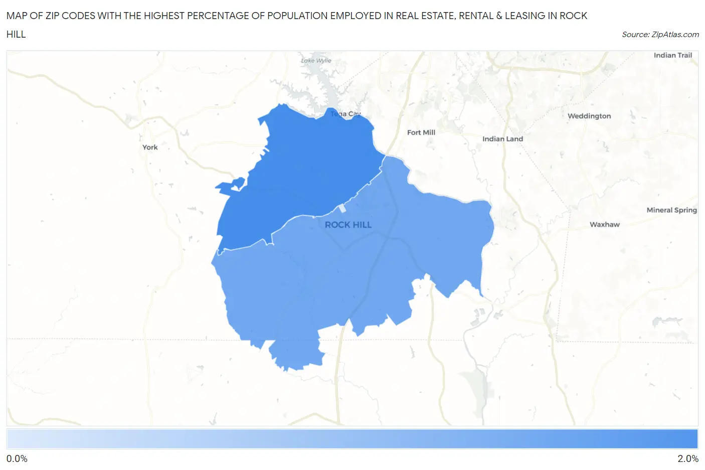 Zip Codes with the Highest Percentage of Population Employed in Real Estate, Rental & Leasing in Rock Hill Map