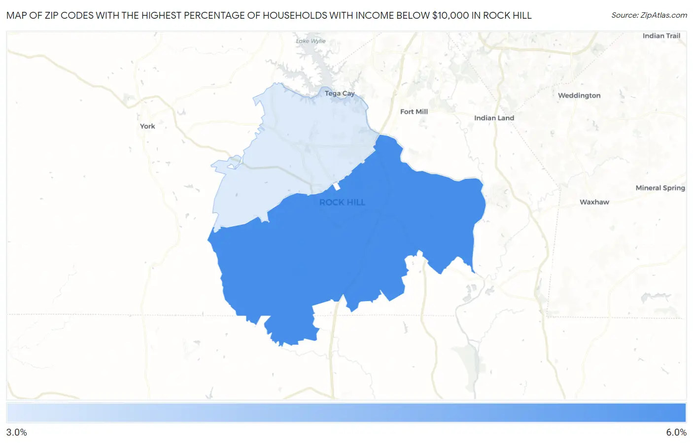 Zip Codes with the Highest Percentage of Households with Income Below $10,000 in Rock Hill Map