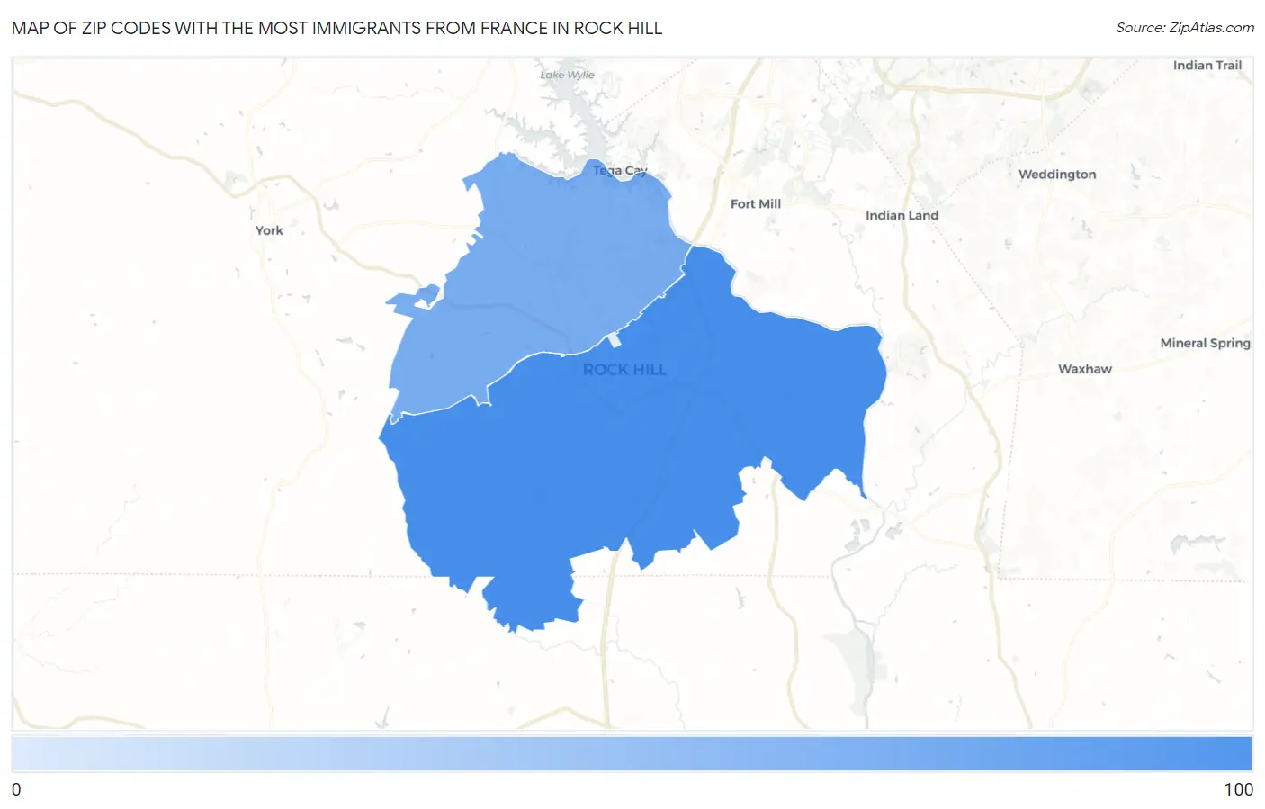 Zip Codes with the Most Immigrants from France in Rock Hill Map
