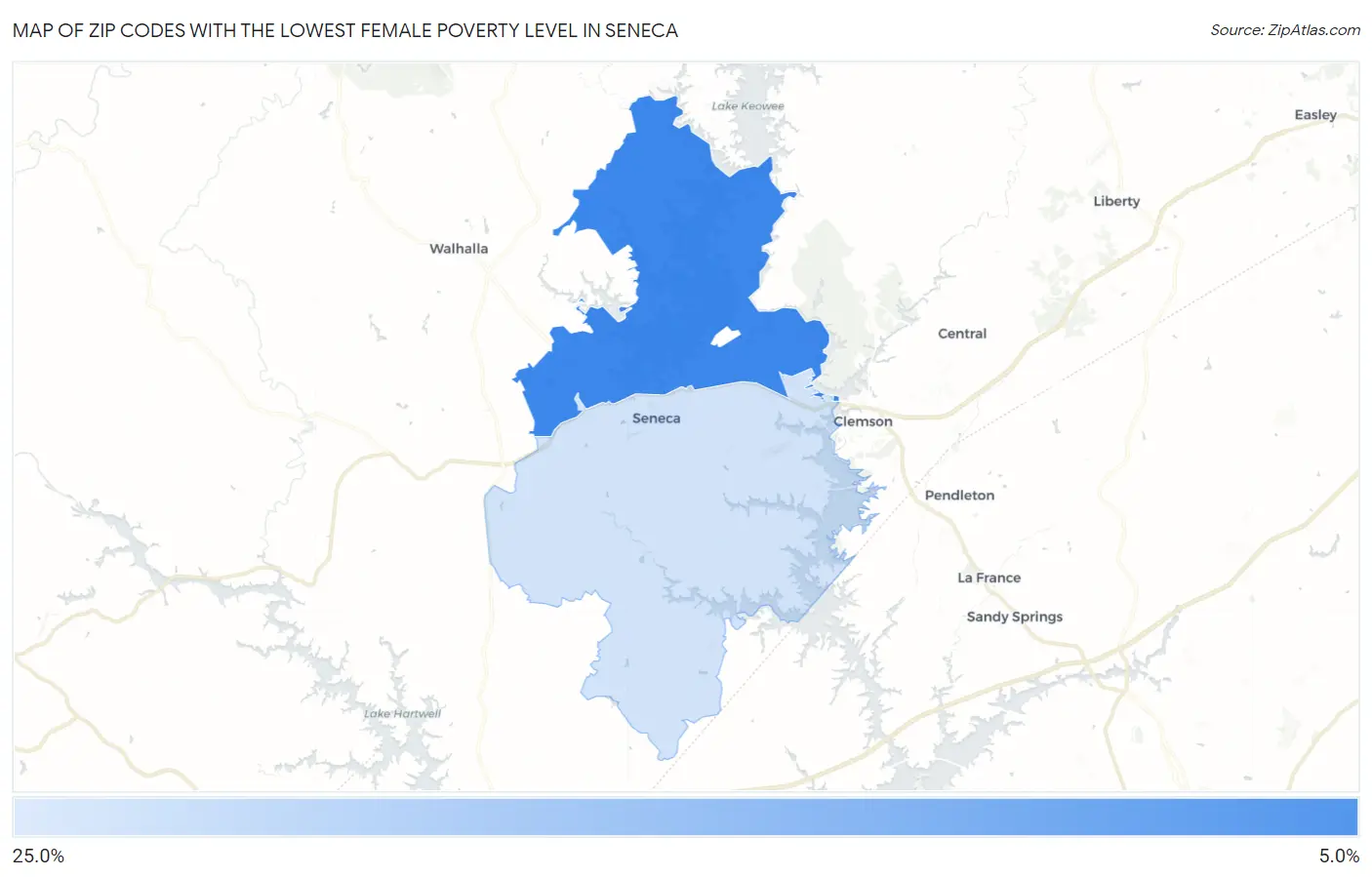 Zip Codes with the Lowest Female Poverty Level in Seneca Map
