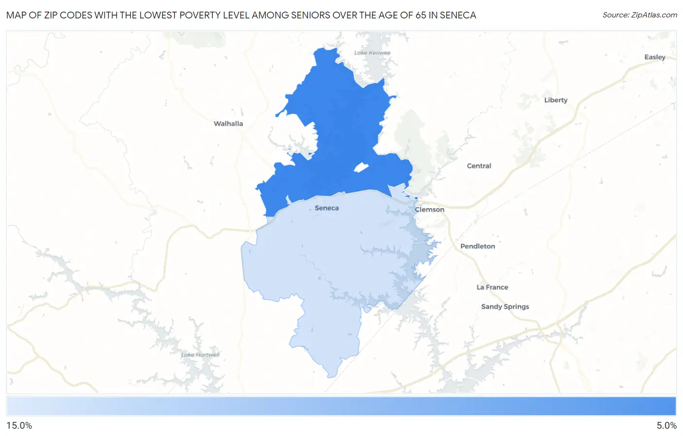 Zip Codes with the Lowest Poverty Level Among Seniors Over the Age of 65 in Seneca Map