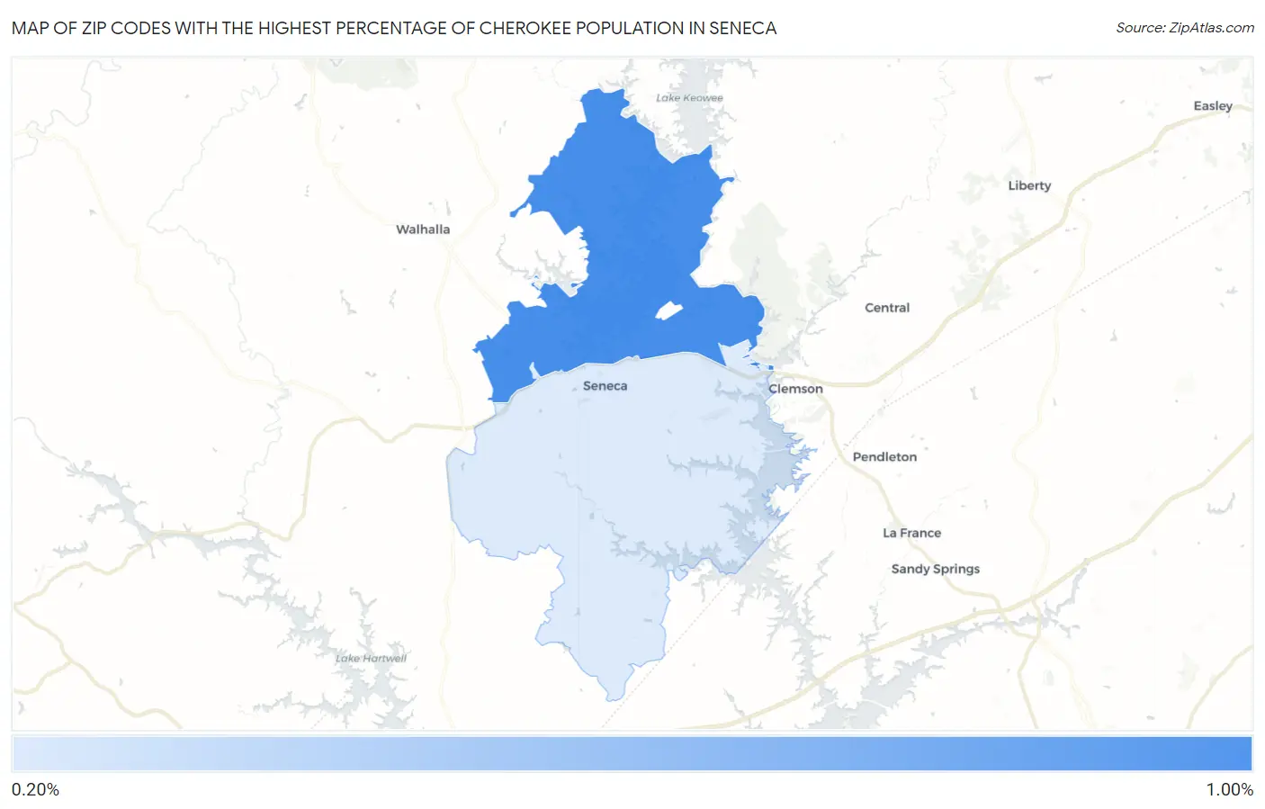 Zip Codes with the Highest Percentage of Cherokee Population in Seneca Map