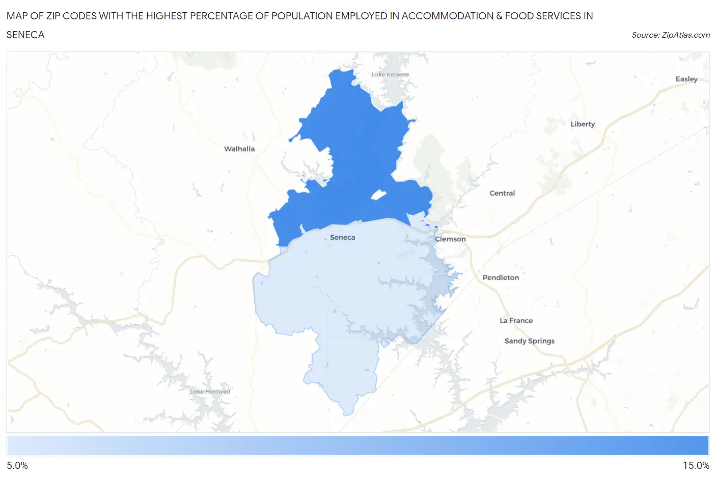 Zip Codes with the Highest Percentage of Population Employed in Accommodation & Food Services in Seneca Map