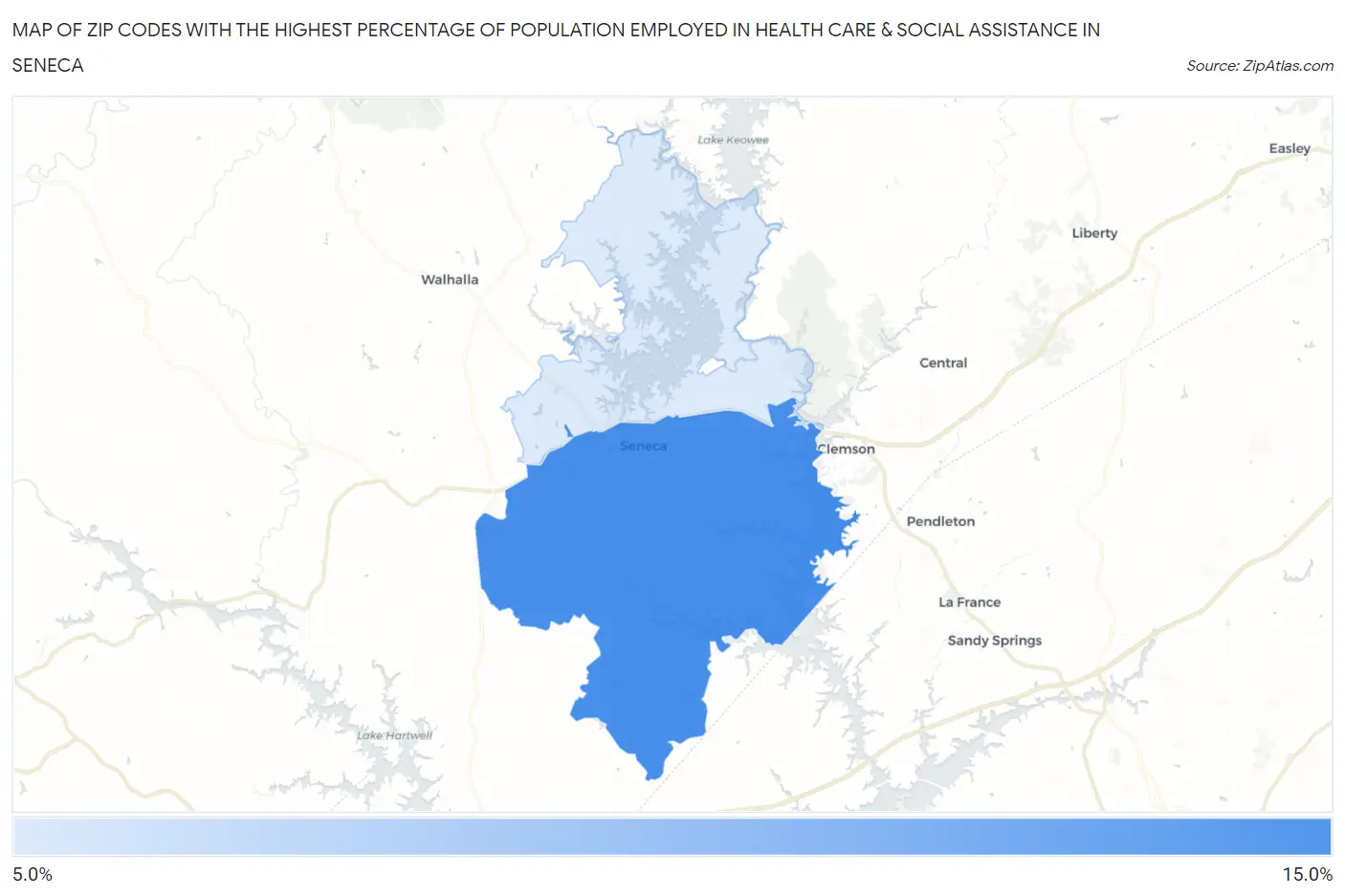 Zip Codes with the Highest Percentage of Population Employed in Health Care & Social Assistance in Seneca Map