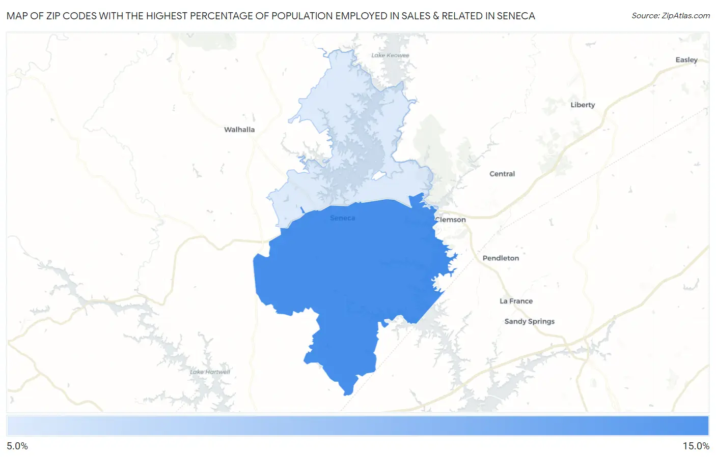 Zip Codes with the Highest Percentage of Population Employed in Sales & Related in Seneca Map