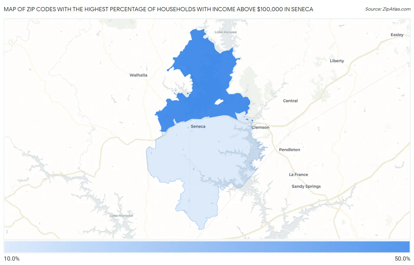 Zip Codes with the Highest Percentage of Households with Income Above $100,000 in Seneca Map