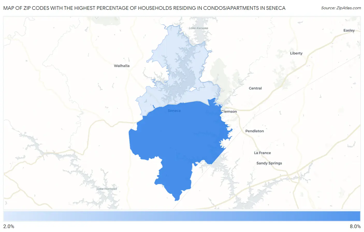 Zip Codes with the Highest Percentage of Households Residing in Condos/Apartments in Seneca Map
