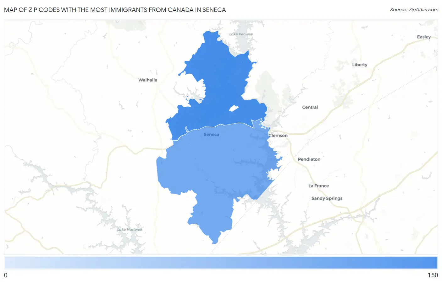 Zip Codes with the Most Immigrants from Canada in Seneca Map