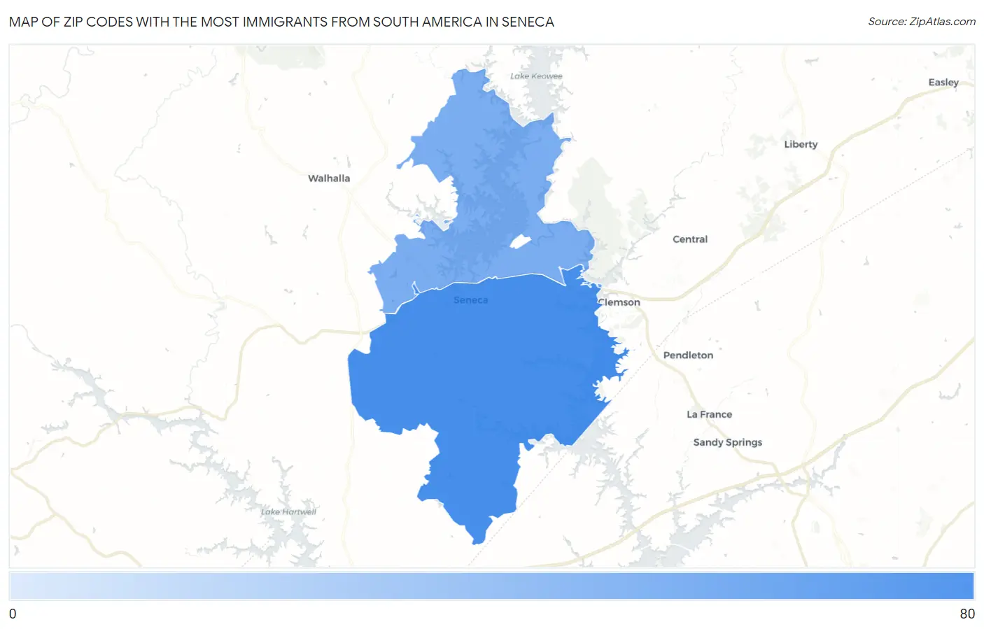 Zip Codes with the Most Immigrants from South America in Seneca Map