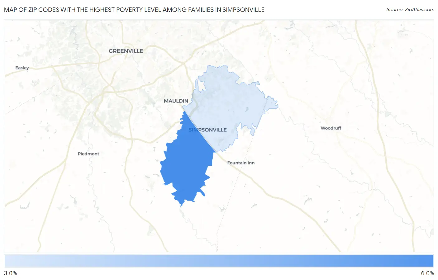 Zip Codes with the Highest Poverty Level Among Families in Simpsonville Map