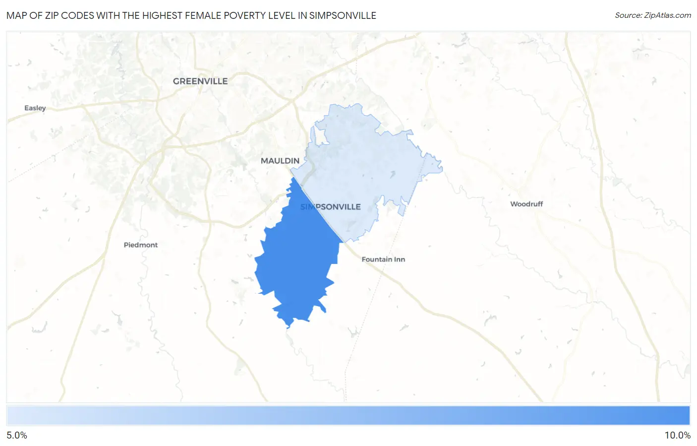 Zip Codes with the Highest Female Poverty Level in Simpsonville Map