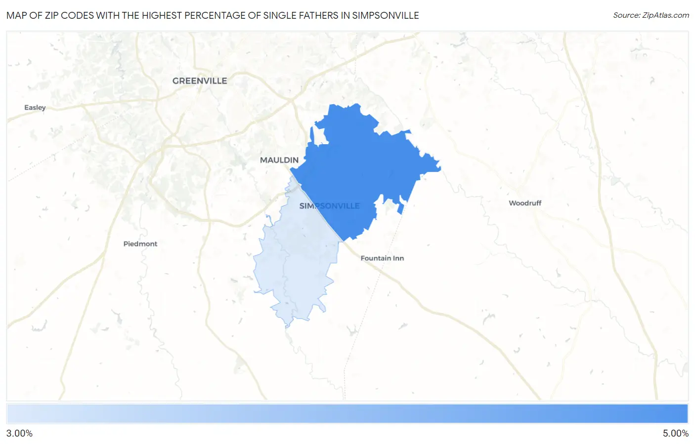 Zip Codes with the Highest Percentage of Single Fathers in Simpsonville Map