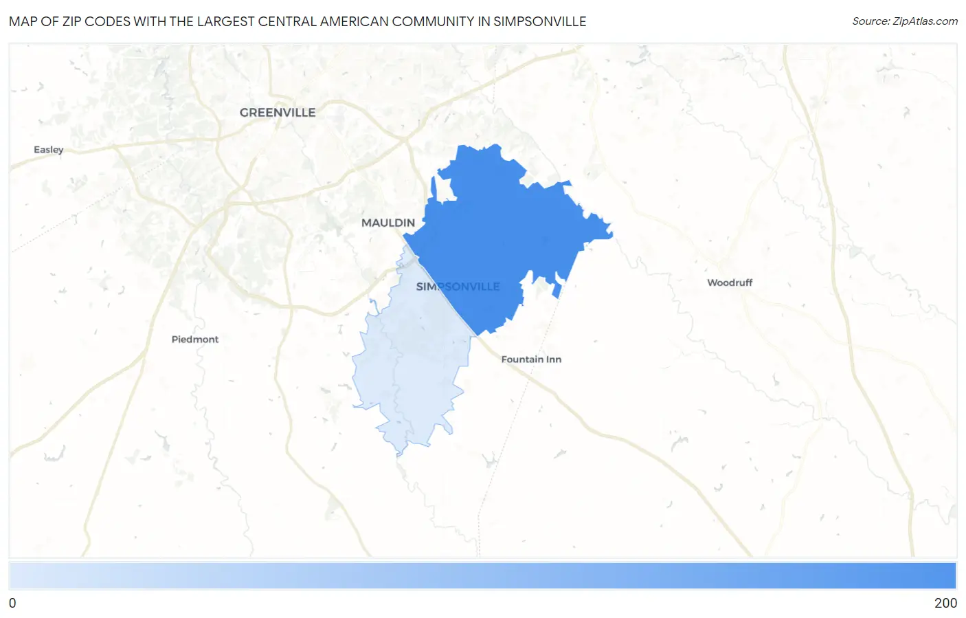 Zip Codes with the Largest Central American Community in Simpsonville Map