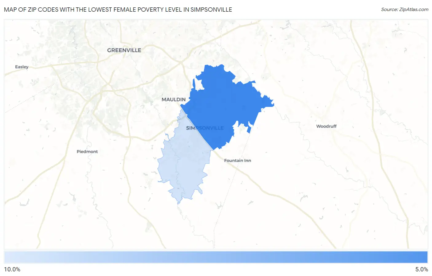 Zip Codes with the Lowest Female Poverty Level in Simpsonville Map
