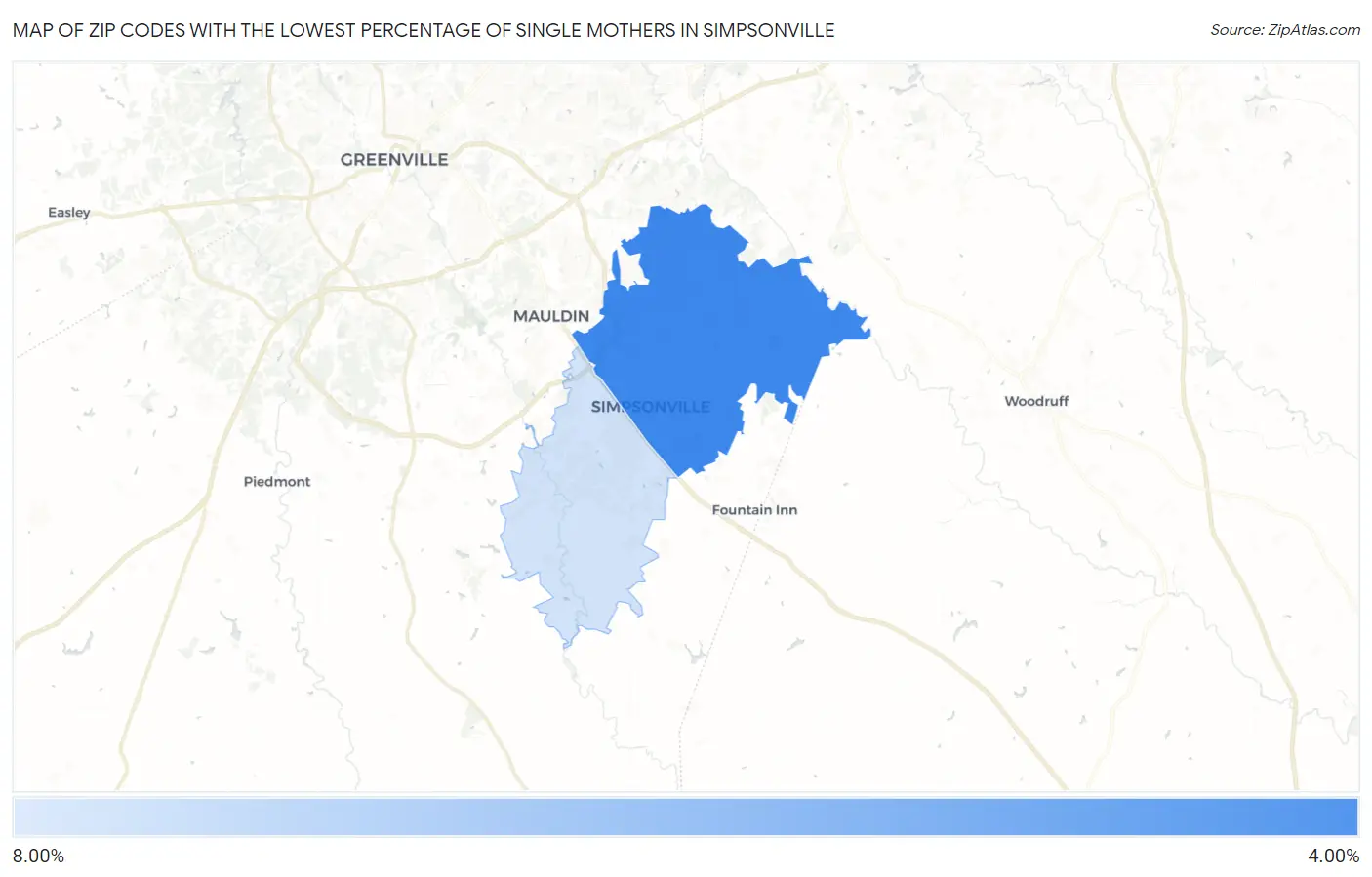 Zip Codes with the Lowest Percentage of Single Mothers in Simpsonville Map