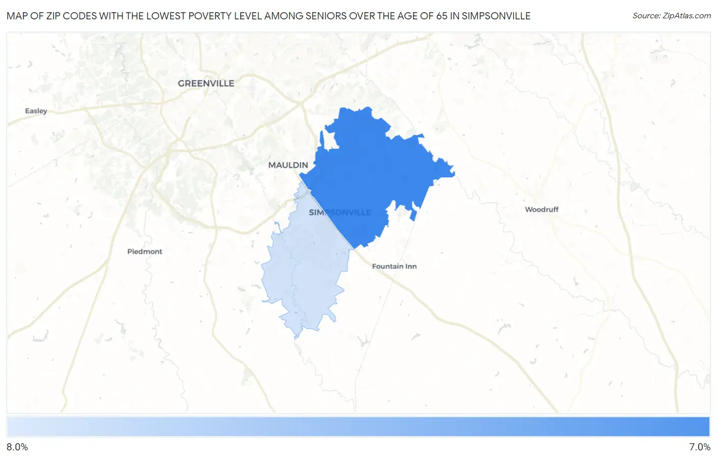 Zip Codes with the Lowest Poverty Level Among Seniors Over the Age of 65 in Simpsonville Map