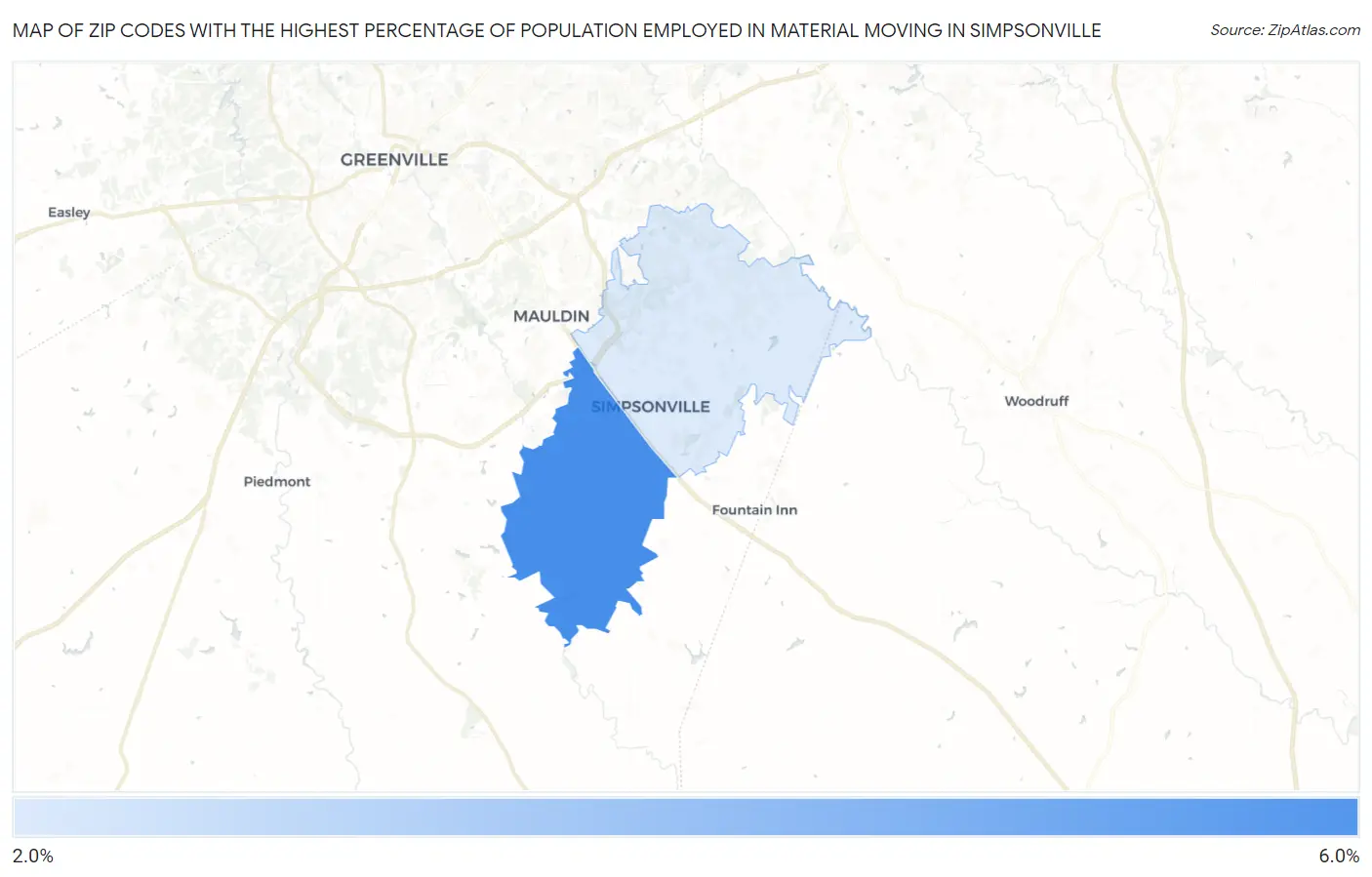 Zip Codes with the Highest Percentage of Population Employed in Material Moving in Simpsonville Map