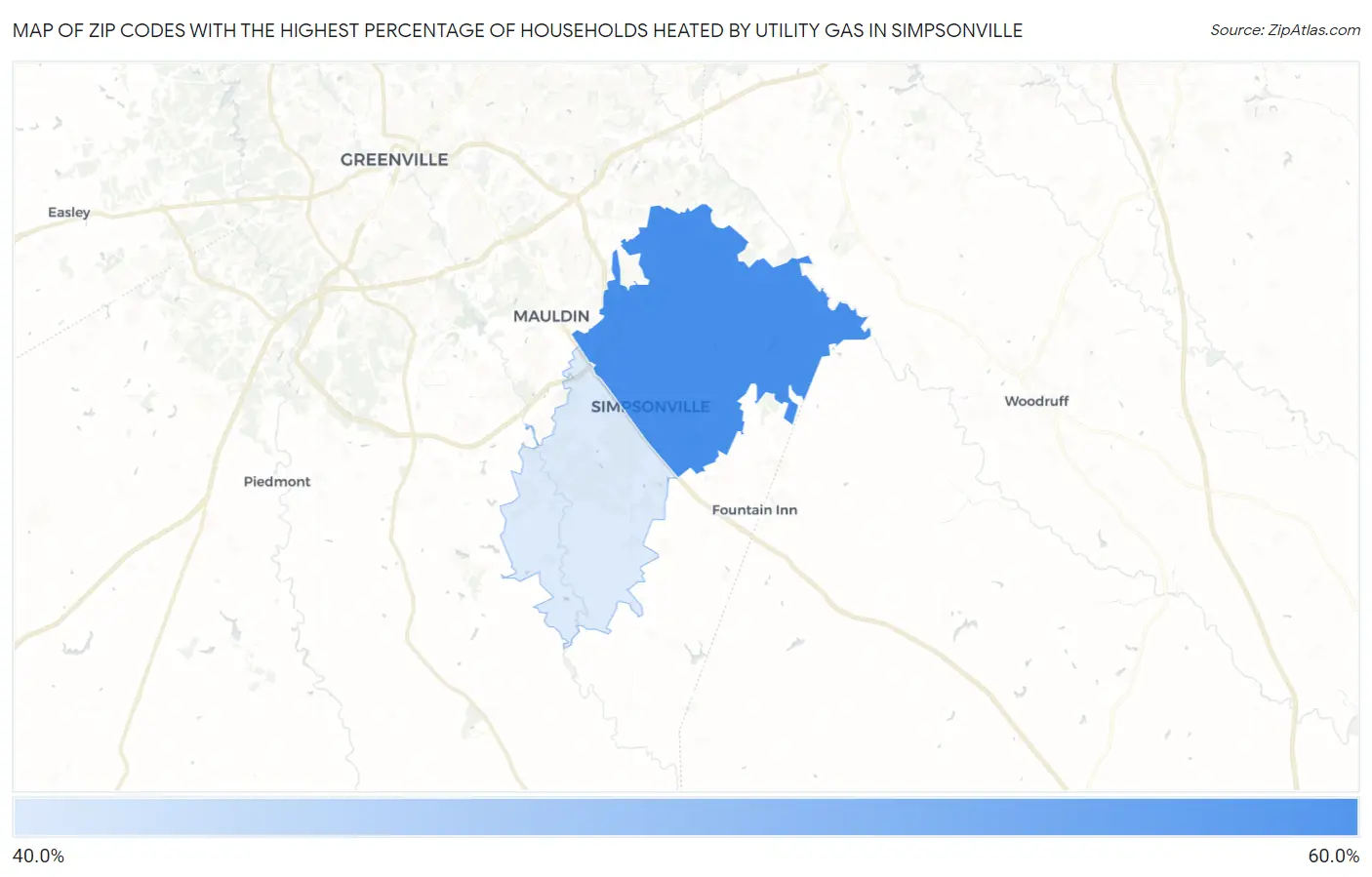 Zip Codes with the Highest Percentage of Households Heated by Utility Gas in Simpsonville Map