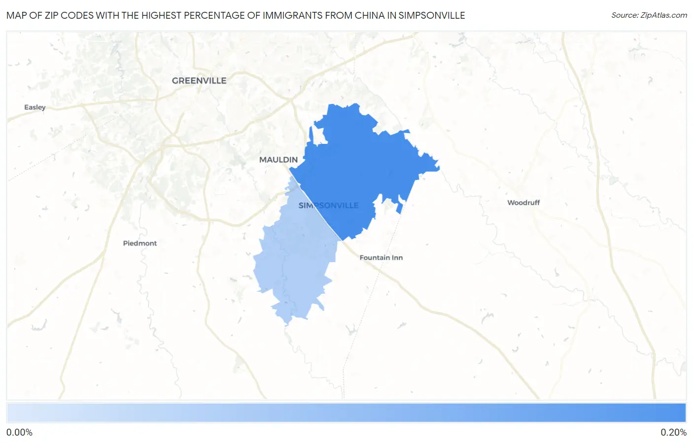 Zip Codes with the Highest Percentage of Immigrants from China in Simpsonville Map