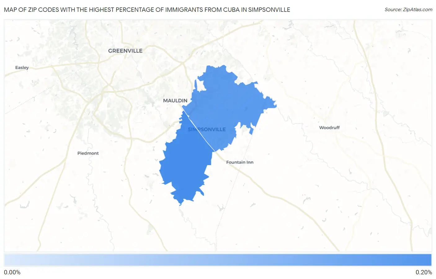 Zip Codes with the Highest Percentage of Immigrants from Cuba in Simpsonville Map