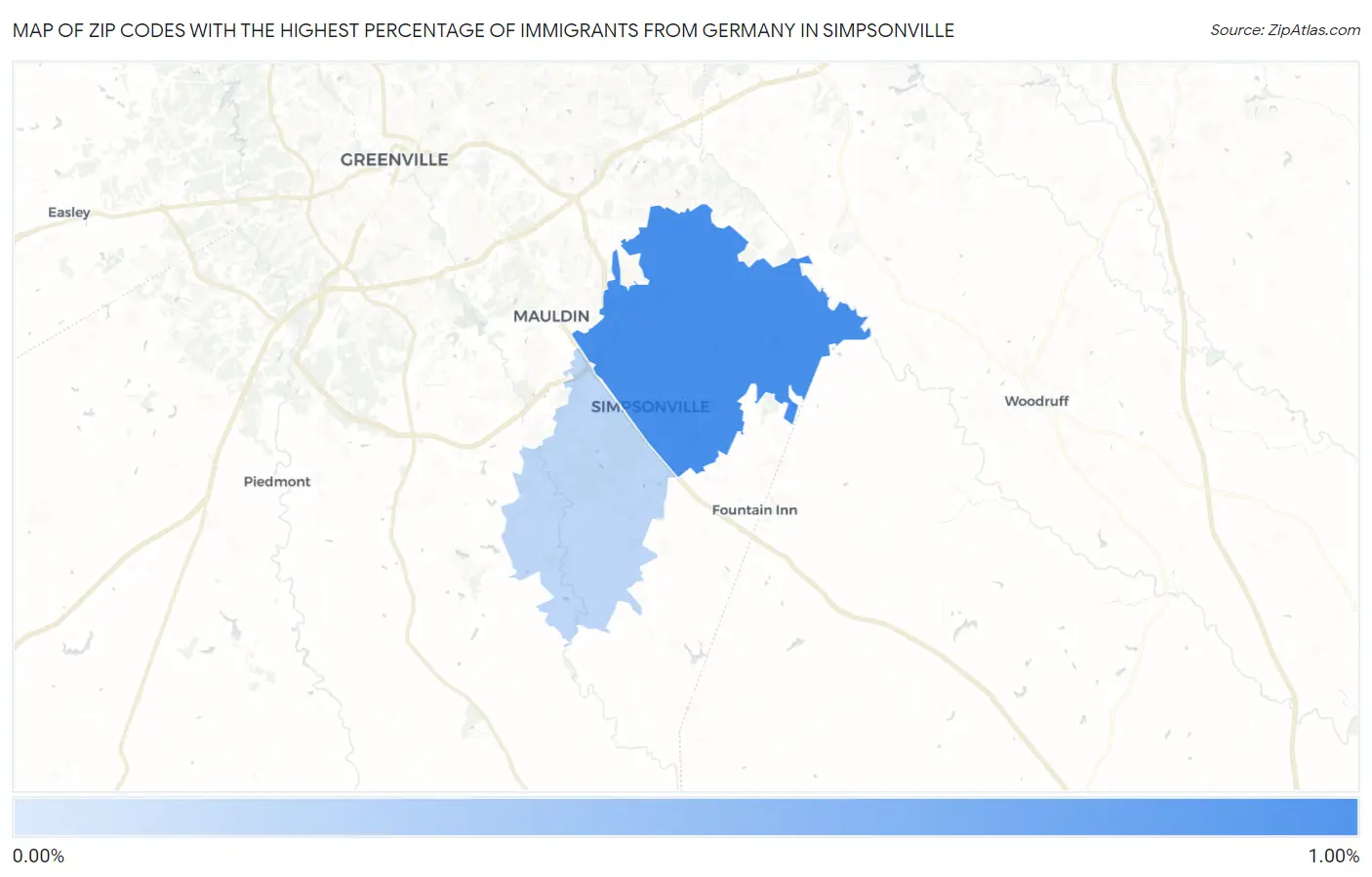 Zip Codes with the Highest Percentage of Immigrants from Germany in Simpsonville Map