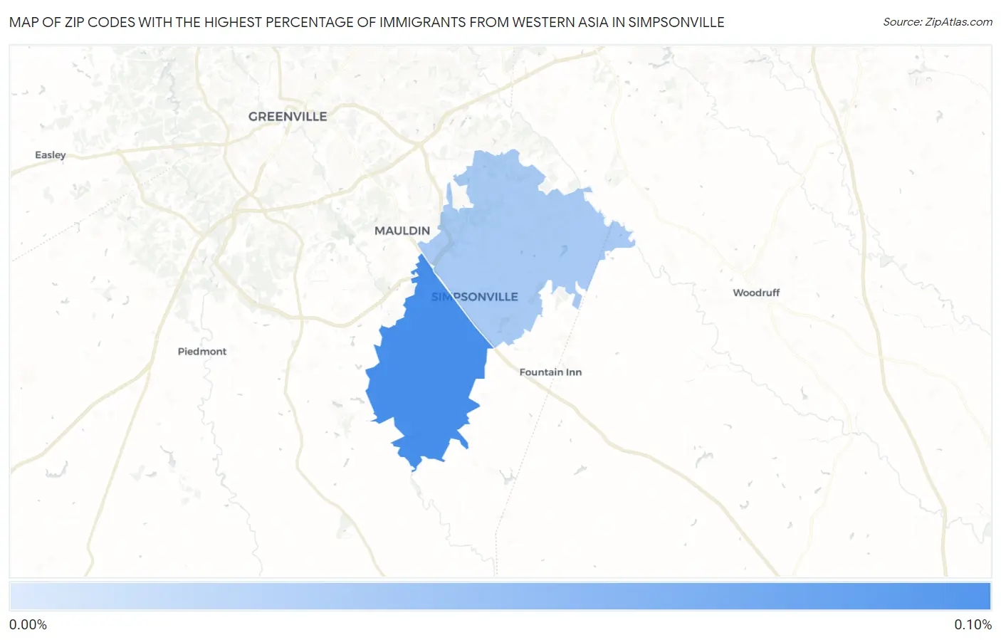 Zip Codes with the Highest Percentage of Immigrants from Western Asia in Simpsonville Map