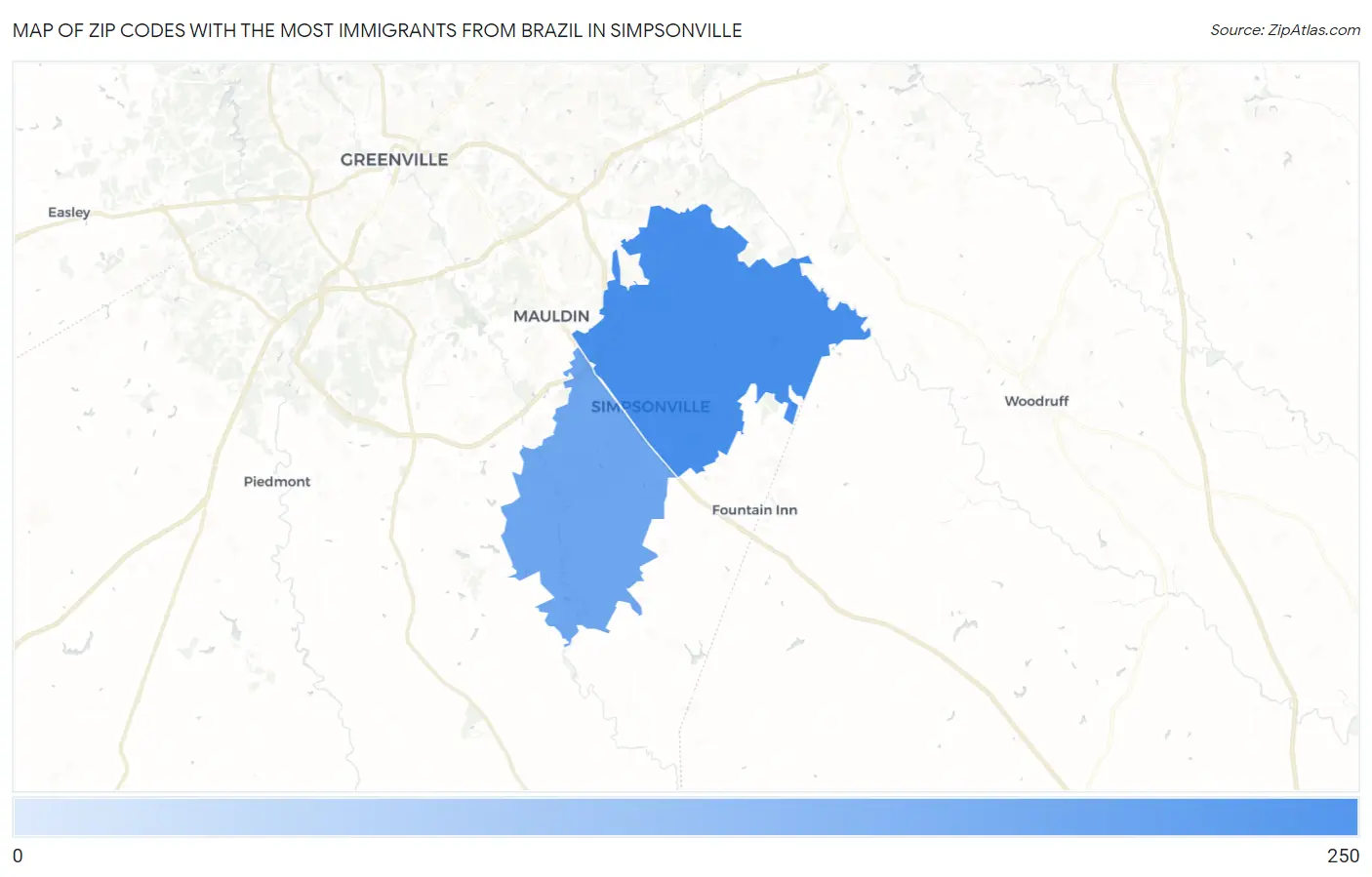 Zip Codes with the Most Immigrants from Brazil in Simpsonville Map